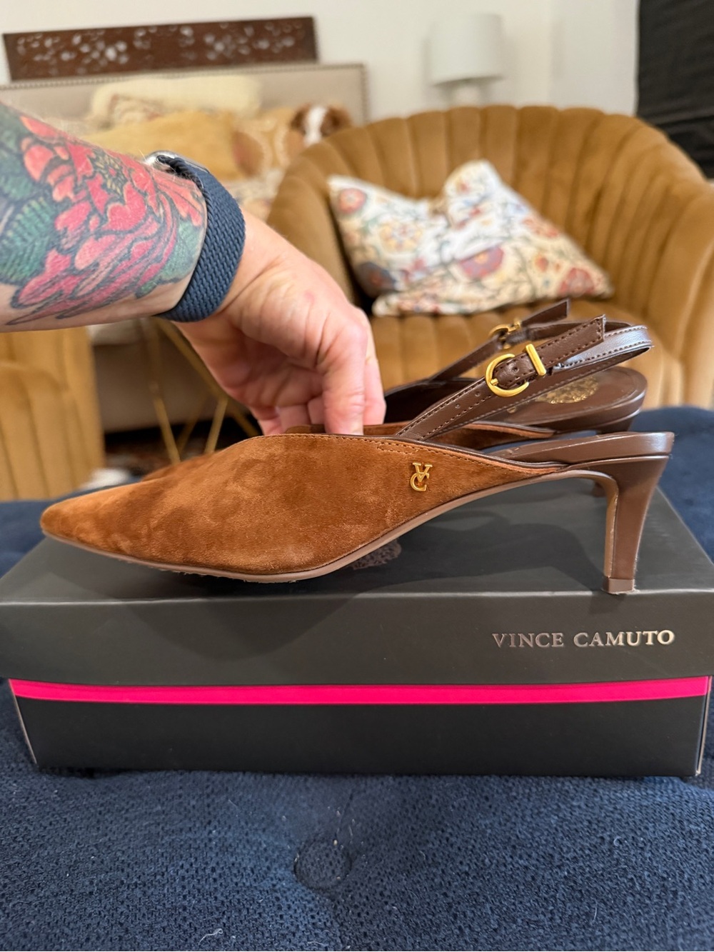 Vince Camuto Chestnut Suede Slingback Kitten Heel